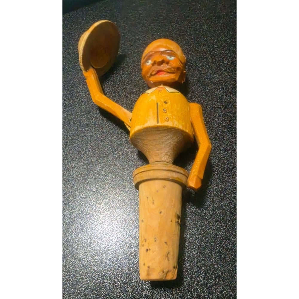 ANRI Carved Wood Cork Bottle Stopper Animated Man Tipping Hat Italy Approx 1930